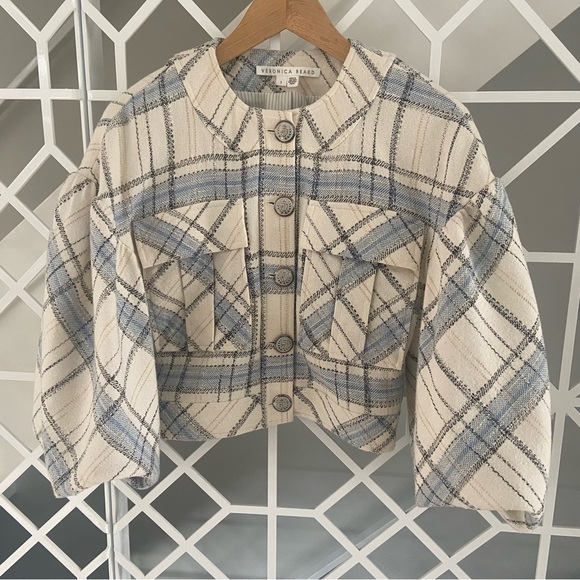 VERONICA BEARD Nikolai Plaid Bell-Sleeve Jacket – Size 2, Cream & Blue, EUC - Picture 2 of 12